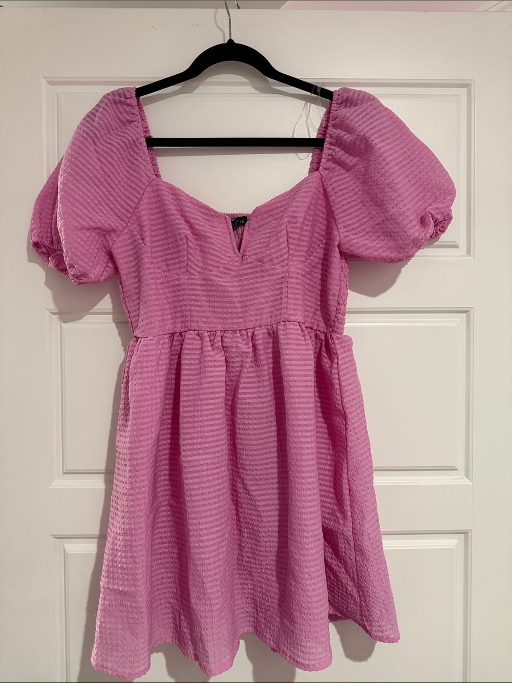 Pink Puff Sleeve Textured Mini Dress